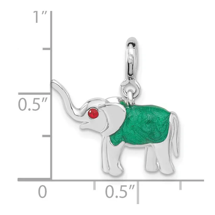 TreasureFineJewelers Rings Sterling Silver 3D Red CZ Green Enameled Elephant Charm