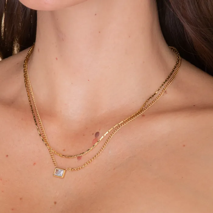 Baguette Cuban Trace Chain Layering Necklace Camile Stone Necklaces