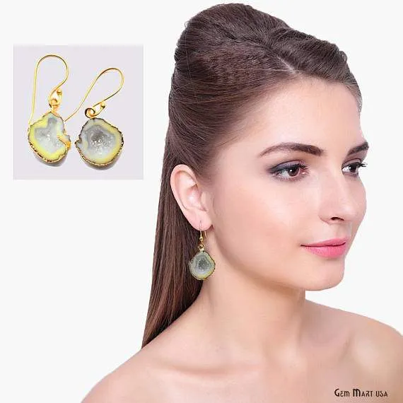 GemMartUSA Earrings Geode Druzy Gemstone Gold Edge Dangle Hook Earrings