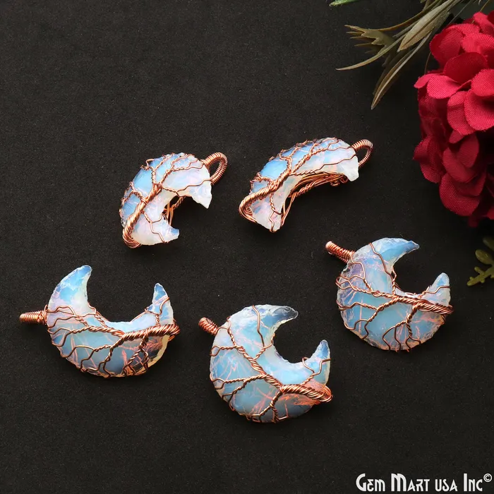GemMartUSA Necklaces Opalite Moon Shape 42x16mm Rose Gold Wire Wrapped Pendant