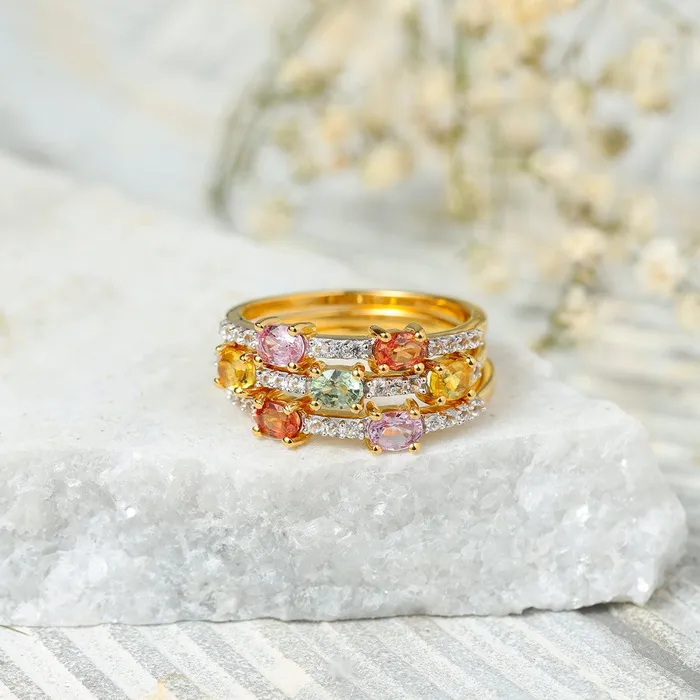 Rings YoTreasure Multi Sapphire Love Ring 10K Yellow Gold Stackable Rings Set Jewelry