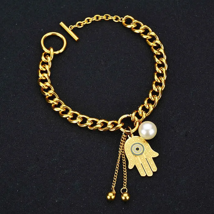 Bracelets Glitters Stainless Steel Womens Bracelet with Dangle Hamsa Charms Gold