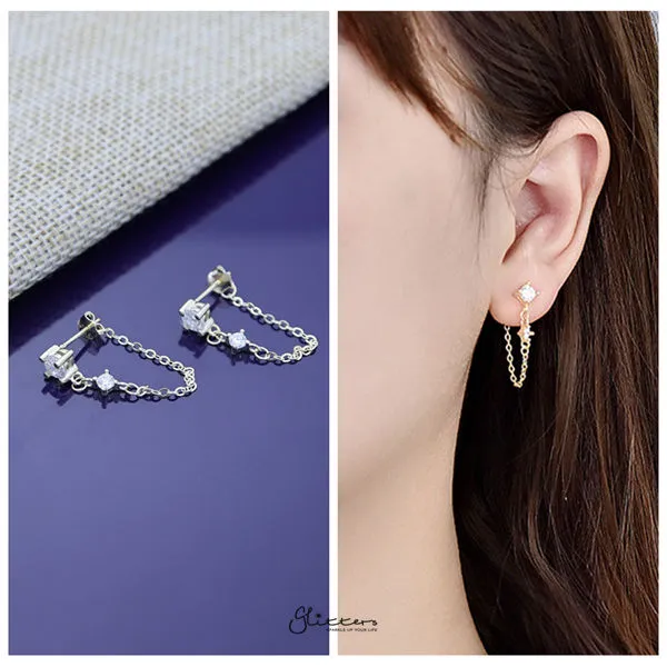 Earrings Glitters 925 Sterling Silver Two CZ with Chain Stud Earrings Gold